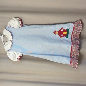 Charming Blue Kids Dress with Red Schoolhouse Design And Matching Shirt